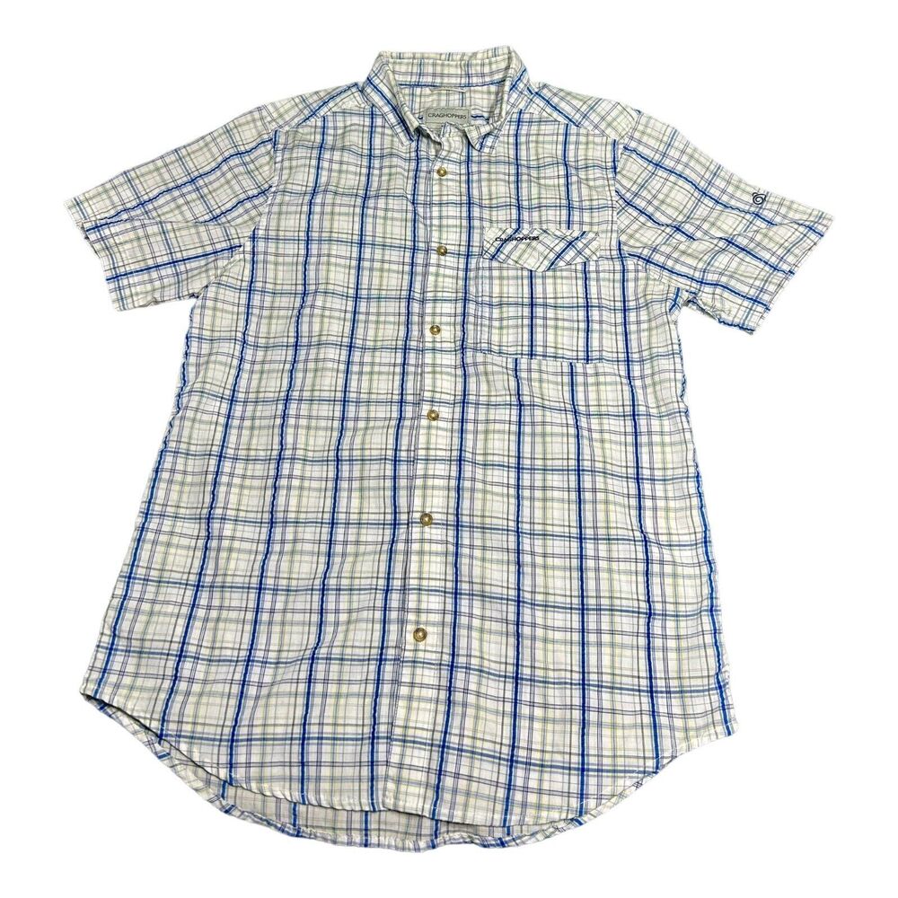 Craghoppers Size M Grey Blue Khaki White Check Plaid Short Sleeve Shirt